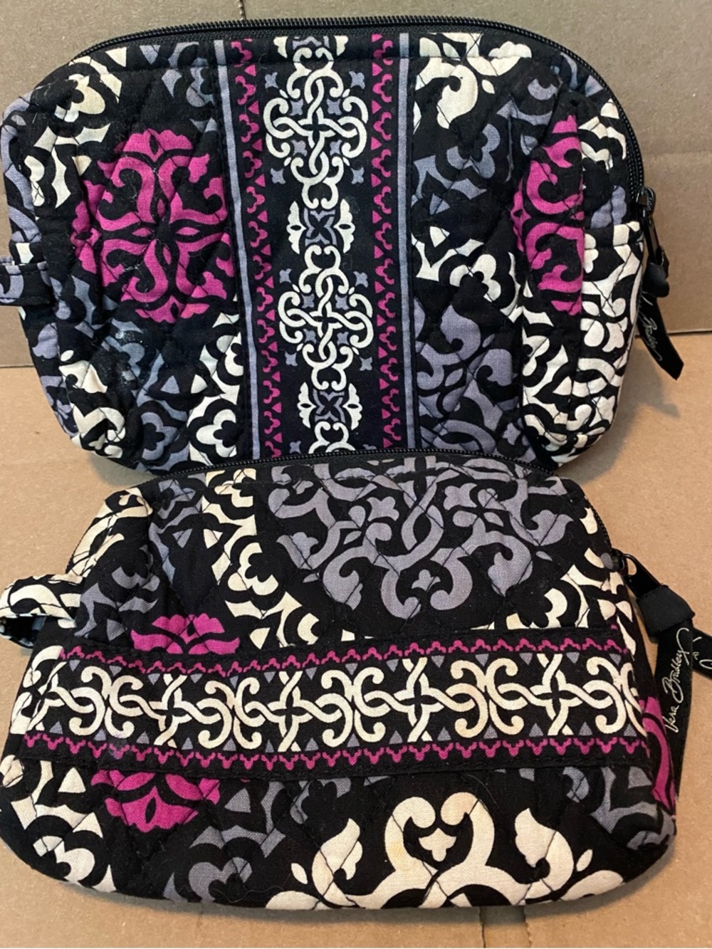 Vera Bradley Quilted Cosmetic Pouch in Black, White & Pink Scroll Pattern